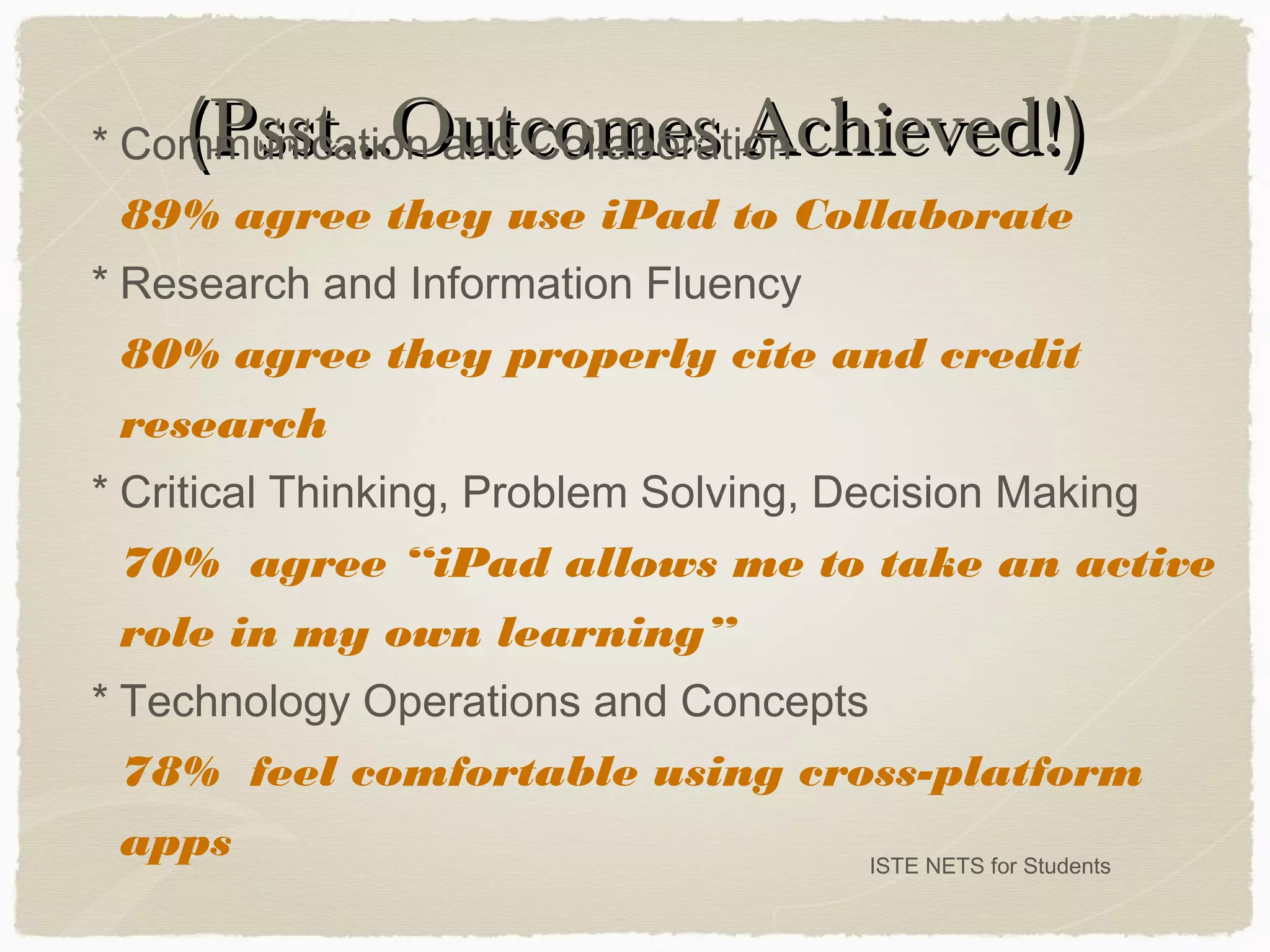 (Psst...Outcomes Achieved!)(Psst...Outcomes Achieved!)
ISTE NETS for Students
* Communication and Collaboration
89% agree they use iPad to Collaborate
* Research and Information Fluency
80% agree they properly cite and credit
research
* Critical Thinking, Problem Solving, Decision Making
70% agree “iPad allows me to take an active
role in my own learning”
* Technology Operations and Concepts
78% feel comfortable using cross-platform
apps
 