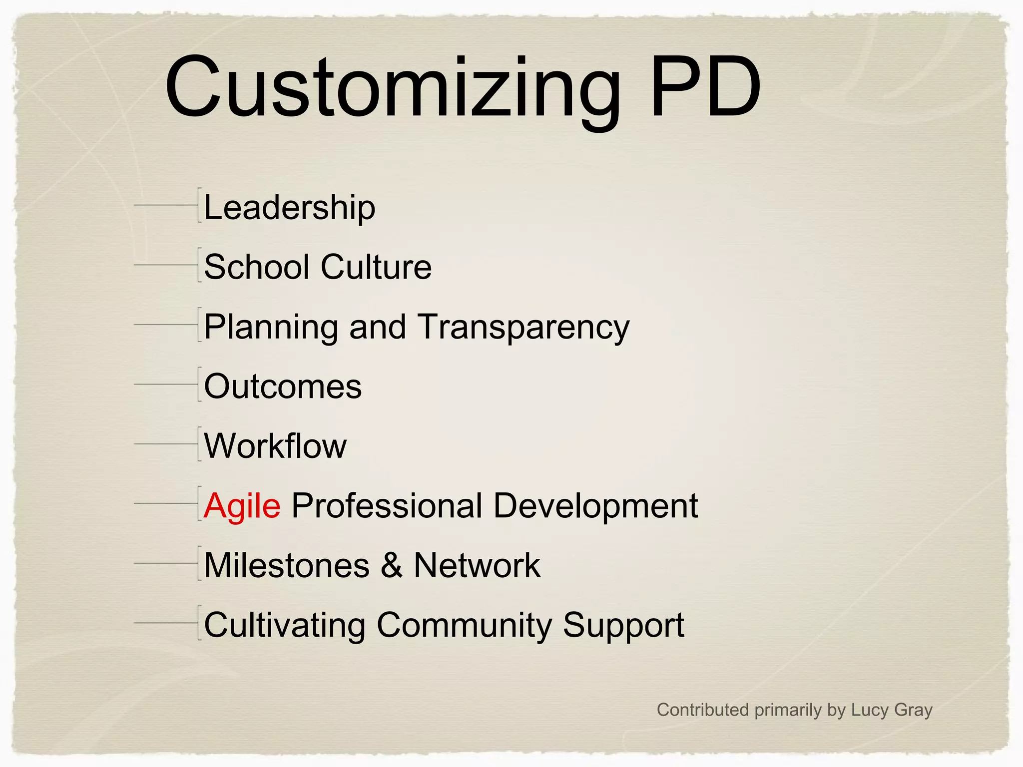 Customizing PD
Leadership
School Culture
Planning and Transparency
Outcomes
Workflow
Agile Professional Development
Milestones & Network
Cultivating Community Support
Contributed primarily by Lucy Gray
 