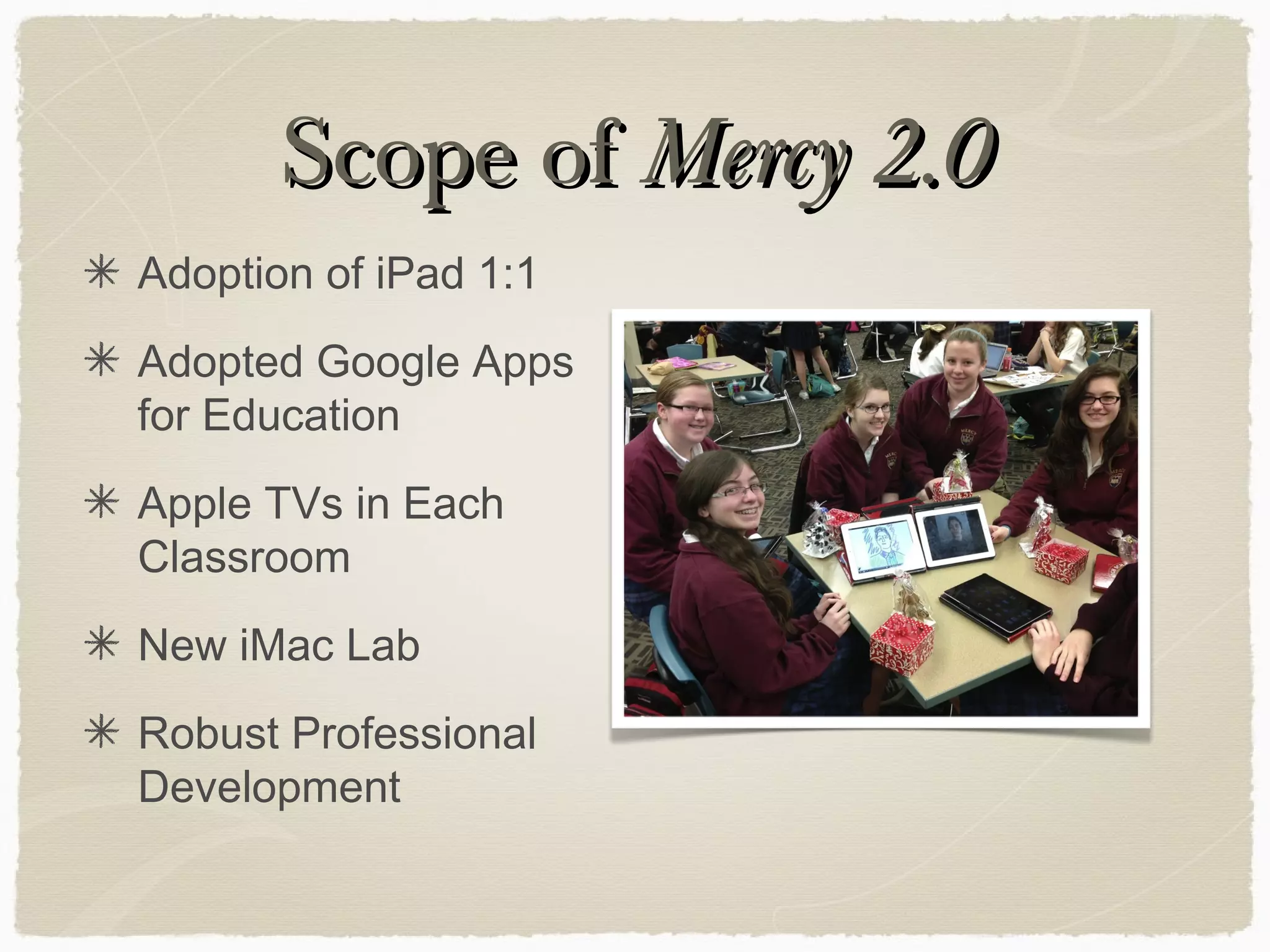 Scope ofScope of Mercy 2.0Mercy 2.0
Adoption of iPad 1:1
Adopted Google Apps
for Education
Apple TVs in Each
Classroom
New iMac Lab
Robust Professional
Development
 