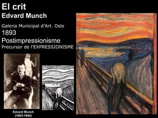 El crit
Edvard Munch
Galeria Municipal d’Art. Oslo
1893
Postimpressionisme
Precursor de l’EXPRESSIONISME




     Edvard Munch
      (1863-1944)
 