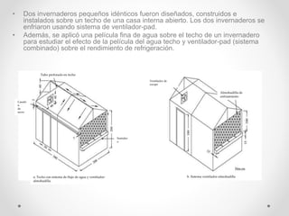 • Dos invernaderos pequeños idénticos fueron diseñados, construidos e
instalados sobre un techo de una casa interna abierto. Los dos invernaderos se
enfriaron usando sistema de ventilador-pad.
• Además, se aplicó una película fina de agua sobre el techo de un invernadero
para estudiar el efecto de la película del agua techo y ventilador-pad (sistema
combinado) sobre el rendimiento de refrigeración.
Tubo perforado en techo
Canaló
n
de
acero
a. Techo con sistema de flujo de agua y ventilador-
almohadilla.
Sumider
o
b. Sistema ventilador-almohadilla
Ventilador de
escape
Almohadilla de
enfriamiento
 