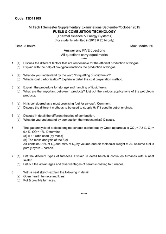 fuels & combustion technology previous question papers