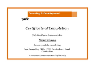 Certificate of Completion
This Certificate is presented to
Niladri Nayak
for successfully completing
Core Consulting Skills (CCS) Curriculum - Level 1
Curriculum
Curriculum Completion Date : 13/08/2013
 