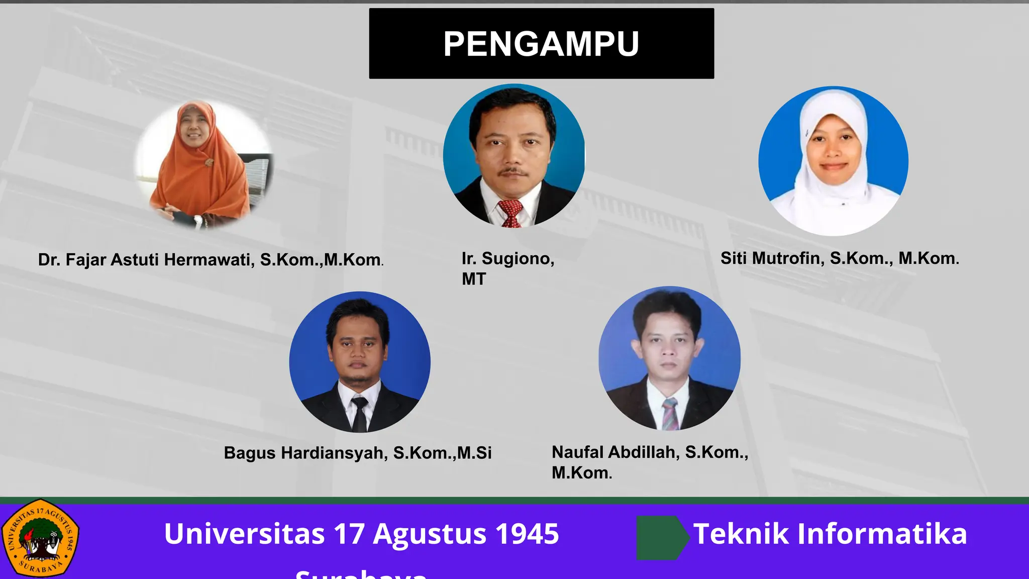 Universitas 17 Agustus 1945 Teknik Informatika
PENGAMPU
Dr. Fajar Astuti Hermawati, S.Kom.,M.Kom.
Bagus Hardiansyah, S.Kom.,M.Si
Ir. Sugiono,
MT
Naufal Abdillah, S.Kom.,
M.Kom.
Siti Mutrofin, S.Kom., M.Kom.
 