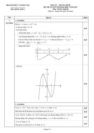 BỘ GIÁO DỤC VÀ ĐÀO TẠO
⎯⎯⎯⎯⎯⎯⎯⎯
ĐỀ CHÍNH THỨC
ĐÁP ÁN – THANG ĐIỂM
ĐỀ THI TUYỂN SINH ĐẠI HỌC NĂM 2013
Môn: TOÁN; Khối B
(Đáp án - thang điểm gồm 04 trang)
Câu Đáp án Điểm
a. (1,0 điểm)
Khi m = −1 ta có 3
2 6y x x= − .
• Tập xác định: .D =
• Sự biến thiên:
- Chiều biến thiên: 2
' 6 6; ' 0 1.y x y x= − = ⇔ = ±
0,25
Các khoảng đồng biến: và( ; 1)−∞ − (1; );+ ∞ khoảng nghịch biến: (−1; 1).
- Cực trị: Hàm số đạt cực tiểu tại x = 1, yCT = −4; đạt cực đại tại x = −1, yCĐ = 4.
- Giới hạn: lim ; lim .
x x
y y
→−∞ →+∞
= −∞ = +∞
0,25
- Bảng biến thiên:
Trang 1/4
0,25
• Đồ thị:
0,25
b. (1,0 điểm)
Ta có hoặc2
' 6 6( 1) 6 ; ' 0 1y x m x m y x= − + + = ⇔ = .x m= 0,25
Điều kiện để đồ thị hàm số có hai điểm cực trị là 1.m ≠ 0,25
Ta có 3 2
(1;3 1), ( ; 3 ).A m B m m m− − + Hệ số góc của đường thẳng AB là 2
( 1)k m=− − .
Đường thẳng AB vuông góc với đường thẳng 2y x= + khi và chỉ khi 1k = −
0,25
1
(2,0 điểm)
0m⇔ = hoặc 2.m =
Vậy giá trị m cần tìm là hoặc0m = 2.m =
0,25
x
'y
y
− ∞ + ∞−1 1
0 0+ +−
+ ∞
− ∞ − 4
4
1
O
y
x
4
−1
−4
 