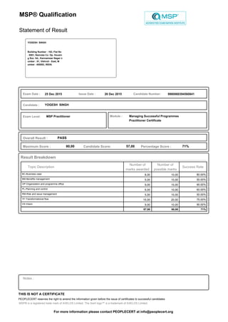Exam Date : Issue Date :
Candidate :
Exam Level: Module :
Candidate Number:
Maximum Score : Candidate Score: Percentage Score :
Overall Result :
25 Dec 2015
Result Breakdown
Topic Description
Number of
possible marks
Number of
marks awarded
Success Rate
PASS
71%57,0080,00
YOGESH SINGH
26 Dec 2015 9980060394560841
Managing Successful Programmes
Practitioner Certificate
YOGESH SINGH
Building Number : 163, Flat No
. 5081, Namrata Co. Op. Housin
g Soc. ltd., Kannamwar Nagar n
umber : 01, Vikhroli - East, M
umbai - 400083, INDIA
MSP® Qualification
Statement of Result
MSP Practitioner
BC-Business case 8,00 80.00%10,00
BM-Benefits management 5,00 50.00%10,00
OP-Organization and programme office 9,00 90.00%10,00
PL-Planning and control 6,00 60.00%10,00
RM-Risk and issue management 5,00 50.00%10,00
TF-Transformational flow 15,00 75.00%20,00
VS-Vision 9,00 90.00%10,00
57,00 80,00 71%
THIS IS NOT A CERTIFICATE
PEOPLECERT reserves the right to amend the information given before the issue of certificates to successful candidates
Notes :
For more information please contact PEOPLECERT at info@peoplecert.org
MSP® is a registered trade mark of AXELOS Limited. The Swirl logo™ is a trademark of AXELOS Limited.
 
