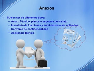 Anexos

•   Suelen ser de diferentes tipos:
     – Anexo Técnico, planos o esquema de trabajo
     – Inventario de los bienes y suministros a ser utilizados
     – Convenio de confidencialidad
     – Asistencia técnica
 