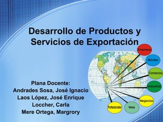 Desarrollo de Productos y
     Servicios de Exportación



      Plana Docente:
Andrades Sosa, José Ignacio
 Laos López, José Enrique
      Loccher, Carla
  Mere Ortega, Margrory
 