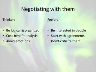 Negotiating with them
Thinkers
• Be logical & organized
• Cost-benefit analysis
• Avoid emotions
Feelers
• Be interested in people
• Start with agreements
• Don't criticize them
 