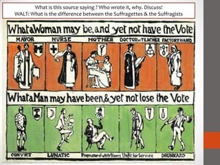 What is this source saying ? Who wrote it, why. Discuss!
WALT: What is the difference between the Suffragettes & the Suffragists
 