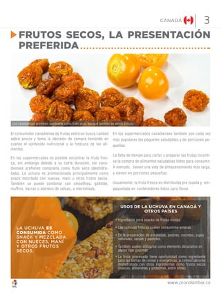 3CANADÁ
www.procolombia.co
El consumidor canadiense de frutas exóticas busca calidad
sobre precio y toma la decisión de co...