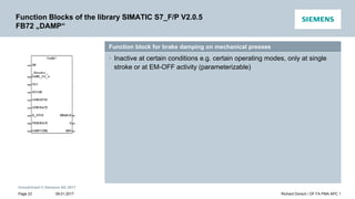 Unrestricted © Siemens AG 2017
Function block for brake damping on mechanical presses
• Inactive at certain conditions e.g. certain operating modes, only at single
stroke or at EM-OFF activity (parameterizable)
Function Blocks of the library SIMATIC S7_F/P V2.0.5
FB72 „DAMP“
09.01.2017 Richard Dorsch / DF FA PMA APC 1
Page 23
 