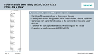 Unrestricted © Siemens AG 2017
Function block for enable of Multi operator function
• Handling of the press with up to 4 command devices
• 4 safety devices can be bypassed and 4 safety devices can’t be bypassed
• Generates start signal from the state of the command devices and safety
devices
• Transfers the start signal to the block which energizes the valves
• Evaluation of a safe movement (SAFEMOVE)
Function Blocks of the library SIMATIC S7_F/P V2.0.5
FB100 „EN_4_MAN“
09.01.2017 Richard Dorsch / DF FA PMA APC 1
Page 31
 