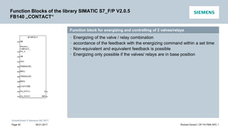 Unrestricted © Siemens AG 2017
Function block for energizing and controlling of 2 valves/relays
• Energizing of the valve / relay combination
• accordance of the feedback with the energizing command within a set time
• Non-equivalent and equivalent feedback is possible
• Energizing only possible if the valves/ relays are in base position
Function Blocks of the library SIMATIC S7_F/P V2.0.5
FB140 „CONTACT“
09.01.2017 Richard Dorsch / DF FA PMA APC 1
Page 40
 