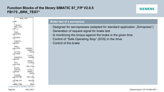 Unrestricted © Siemens AG 2017
Brake test of a servopress
• Designed for servopresses (adapted for standard application „Simopress“)
• Generation of request signal for brake test
• Is monitoring the torque against the brake in the given time
• Control of “Safe Operating Stop” (SOS) in the drive
• Control of the brake
Function Blocks of the library SIMATIC S7_F/P V2.0.5
FB175 „BRK_TEST“
09.01.2017 Richard Dorsch / DF FA PMA APC 1
Page 44
 