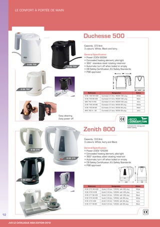 JVD LE CATALOGUE ASIA EDITION 2012
12
Zenith 800
Reference Designation Colour
8 66 375 WH-VDE Zenith 0.8 litre, 1250W, with VDE plug White
8 66 376 IV-VDE Zenith 0.8 litre, 1250W, with VDE plug Ivory
8 66 377 BK-VDE Zenith 0.8 litre, 1250W, with VDE plug Black
8 66 375 WH-BS Zenith 0.8 litre, 1250W, with BS plug White
8 66 376 IV-BS Zenith 0.8 litre, 1250W, with BS plug Ivory
8 66 377 BK-BS Zenith 0.8 litre, 1250W, with BS plug Black
Capacity : 0.8 litre
3 colours: White, Ivory and Black
General Specification
• Power 230V 1250W
• Concealed heating element, pilot light
• 360° stainless steel rotating reservoir
• Automatic turn off when boiled or empty
• CB Safety Certification, EU Safety Standards
• PSB approved
200 125
190
8 66 377
8 66 376
8 66 375
Duchesse 500
Reference Designation Colour
8 66 758 WH-VDE Duchesse 0.5 litre, 800W VDE plug White
8 66 759 BK-VDE Duchesse 0.5 litre, 800W VDE plug Black
866 760 IV-VDE Duchesse 0.5 litre, 800W VDE plug Ivory
8 66 758 WH-BS Duchesse 0.5 litre, 800W BS plug White
8 66 759 BK-BS Duchesse 0.5 litre, 800W BS plug Black
866 760 IV - BS Duchesse 0.5 litre, 800W BS plug Ivory
Capacity : 0.5 litre
3 colours: White, Black and Ivory
General Specification
• Power 230V 800W
• Concealed heating element, pilot light
• 360˚ stainless steel rotating reservoir
• Automatic turn off when boiled or empty
• CB Safety Certification, EU Safety Standards
• PSB approved
Easy cleaning
Easy power off
8 66 760
8 66 758
8 66 759
Compact for energy and
water saving
 