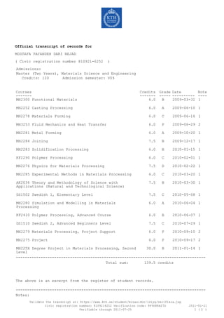 Official transcript of records for
MOSTAFA PAYANDEH DARI NEJAD
( Civic registration number 810921-6252 )
Admissions:
Master (Two Years), Materials Science and Engineering
Credits: 120 Admission semester: V09
Courses
-------
Credits_
-------_
Grade
-----
Date
----------
Note
----
MH2300 Functional Materials 6.0_ B 2009-03-31 1
MH2252 Casting Processing 6.0_ A 2009-06-10 1
MH2278 Materials Forming 6.0_ C 2009-06-16 1
MH3253 Fluid Mechanics and Heat Transfer 6.0_ P 2009-06-29 2
MH2281 Metal Forming 6.0_ A 2009-10-20 1
MH2284 Joining 7.5_ B 2009-12-17 1
MH2283 Solidification Processing 6.0_ B 2010-01-15 1
KF2290 Polymer Processing 6.0_ C 2010-02-01 1
MH2276 Physics for Materials Processing 7.5_ D 2010-02-22 1
MH2285 Experimental Methods in Materials Processing 6.0_ C 2010-03-20 1
AK2036 Theory and Methodology of Science with
Applications (Natural and Technological Science)
7.5_ B 2010-03-30 1
DS1502 Swedish 1, Elementary Level 7.5_ C 2010-05-08 1
MH2280 Simulation and Modelling in Materials
Processing
6.0_ A 2010-06-04 1
KF2410 Polymer Processing, Advanced Course 6.0_ B 2010-06-07 1
DS1510 Swedish 2, Advanced Beginners Level 7.5_ C 2010-07-29 1
MH2279 Materials Processing, Project Support 6.0_ P 2010-09-10 2
MH2275 Project 6.0_ P 2010-09-17 2
MH225X Degree Project in Materials Processing, Second
Level
30.0_ B 2011-01-14 1
------------------------------------------------------------------------------------
Total sum: __139.5 credits______________
_
The above is an excerpt from the register of student records.
------------------------------------------------------------------------------------
Notes:
Validate the transcript at: https://www.kth.se/student/minasidor/intyg/verifiera.jsp
Civic registration number: 8109216252 Verification code: 8F9D88B27D
Verifiable through 2011-07-25
2011-01-21
1 ( )2
 