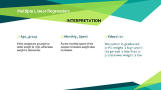 Multiple Linear Regression:
INTERPRETATION
 Age_group
If the people are younger or
older weight is high, otherwise
weight is decreases
 Monthly_Spent
As the monthly spent of the
people increases weight also
increases
 Education
The person is graduated
or P.G weight is high and if
the person is inter/ssc or
professional weight is low
 