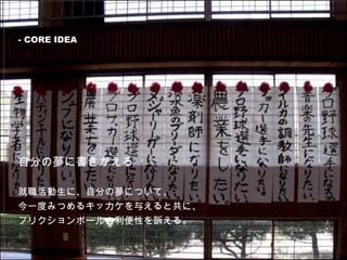 自分の夢に書きかえろ 就職活動生に、自分の夢について、 今一度みつめるキッカケを与えると共に、 フリクションボールの利便性を訴える。 - CORE IDEA 