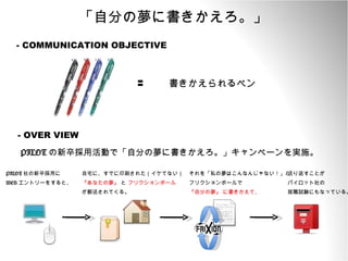 「自分の夢に書きかえろ。」　 = 書きかえられるペン - COMMUNICATION OBJECTIVE - OVER VIEW PILOT の新卒採用活動で「自分の夢に書きかえろ。」キャンペーンを実施。 送り返すことが パイロット社の 就職試験にもなっている。 PILOT 社の新卒採用に WEB エントリーをすると、 自宅に、すでに印刷された（イケてない） 『あなたの夢』  と  フリクションボール が郵送されてくる。 それを「私の夢はこんなんじゃない！」と フリクションボールで 『自分の夢』 に書きかえて、 