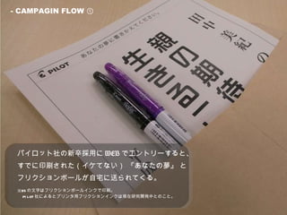 パイロット社の新卒採用に WEB でエントリーすると、 すでに印刷された（イケてない） 『あなたの夢』 と フリクションボールが自宅に送られてくる。 ※ ES の文字はフリクションボールインクで印刷。　 　 PILOT 社によるとプリンタ用フリクションインクは現在研究開発中とのこと。 - CAMPAGIN FLOW ① 