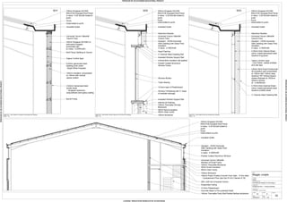 SO2 SO3SO1
02
1:10 , 1:50
01MJ
25/08/2011
Cross Section + Section Details
Drawing Title
University
Drawing Title
ScaleDate
Drawn Dwg. No.Job No.
Assignment No 1 - Factory Building
UWIC
Maggie Jurajda
Name
Course Title & Year
Architectural Design & Technology 2
Detail SO1 - Eave Detail & Composite Horizontally laid Cladding
Scale 1:10
Detail SO2 - Eave Detail, Window Head and Cill & Built-Up Cladding
Scale 1:10
Detail SO3 - Eave Detail & Built-Up vertically laid Cladding
Scale 1:10
Universal Column 356x406
Column Face
100mm Kingspan KS1000 LS
wall panel longspan
horizontally laid
(U-value - 0.23W/m2K)
Insulated Gutter
100mm Kingspan KS1000
RW/LPCB Insulated Roof Panel
U-value - 0.20 W/m2K bolted to
purlin
Purlin
Secret Fixing
Bolt Fixing Cladding to Column
Vapour Control layer
0.63mm galvanised steel
cladding inner sheet
- Bright White Polyester
140mm insulation compressed
to 135mm with vertical
spacer system
0.63mm Galvanised steel
profile sheet
- Kingspan Spectrum -
polyurethane semi-gloss coating
100mm Kingspan KS1000
RW/LPCB Insulated Roof Panel
U-value - 0.20 W/m2K bolted to
purlin
Purlin
Universal Column 356x406
Column Face
Insulated Gutter
Stanchion Bracket
Cleat bolted to purlin
Cleat bolted to purlin
Qsystem - HG35 Horizontal
Wall Cladding with Glass Fibre
Insulation
U-value - 0.35W/m2K
Head Flashing
Insulated Window Support Rail
C Channel Steel Cladding Rail
mineral fibre Insulation site applied
Powder Coated Aluminium
Window Frame
Window Mullion
to facilitate drainage
Triple Glazing
Insulated Window Support Rail
Internal cill Flashing
100mm Thermalite Aircrete
Blockwork
50mm Kanuf Insulation
50mm Clear Cavity
100mm Brickwork
100mm Kingspan KS1000
RW/LPCB Insulated Roof Panel
U-value - 0.20 W/m2K bolted to
purlin
Purlin
Insulated Gutter
Cleat bolted to purlin
Universal Column 356x406
Column Face
Stanchion Bracket
Qsystem - HG35 Horizontal
Wall Cladding with Glass Fibre
Insulation
U-value - 0.35W/m2K
C Channel Steel Cladding Rail
0.40mm thick Internal Sheet -
colour coated galvanised steel
Quedron linig panel
Vapour Control Layer
- Liner Panel - sealed endlaps
and side laps
140mm thick Knauf Factoryclad
40 insulation quilt compressed
to 135mm with 135mm deep
Quedron 'GP' Vertical Spacer
system.Brackets at 1503mm
maximu centres.
( - 0.040W/mK)
0.70mm thick External Sheet -
colour coated galvanised steel
Quedron profiled sheet.
12.5mm layer of Plasterboard
100mm Kingspan KS1000
RW/LPCB Insulated Roof Panel
U-value - 0.20 W/m2K bolted to
purlin
Purlin
Insulated Gutter
Cleat bolted to purlin
Qsystem - HG35 Horizontal
Wall Cladding with Glass Fibre
Insulation
U-value - 0.35W/m2K
Universal Column 356x406
Member of Portal Frame
Powder Coated Aluminium Window
100mm Thermalite Blockwork
50mm Knauf Insulation
50mm Clear Cavity
100mm Brickwork
150mm Power Floated Concretr Floor Slab - 1h fire rated
- Compartment Floor (Apr.Doc B Vol 2 Section 8.18)
200 x 200 mm Universal Column
12.5mm Plasterboard
Concrete Stairs in Fire protected Shaft
Suspended Ceiling
140mm Thermalite Party Wall Painted fairface blockwork
PRODUCEDBYANAUTODESKEDUCATIONALPRODUCT
PRODUCEDBYANAUTODESKEDUCATIONALPRODUCT
PRODUCED BY AN AUTODESK EDUCATIONAL PRODUCTPRODUCEDBYANAUTODESKEDUCATIONALPRODUCT
 