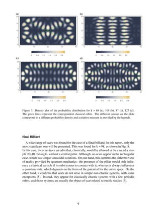 Figure 7: Density plot of the probability distribution for k = 68 (a), 108 (b), 87 (c), 127 (d).
The green lines represent the correspondent classical orbits. The different colours on the plots
correspond to a different probability density and a relative measure is provided by the legends.
Sinai Billiard
A wide range of scars was found for the case of a Sinai billiard. In this report, only the
most signiﬁcant one will be presented. This was found for k = 98, as shown in Fig. 8.
In this case, the scars trace an orbit that, classically, would be allowed in the case of a sim-
ple 20x10 rectangle, without a central pillar. Although, no scars appear in the rectangular
case, which has simple sinusoidal solutions. On one hand, this conﬁrms the different view
of reality provided by quantum mechanics: the presence of the pillar would only inﬂu-
ence a classical particle if its orbit comes to contact with it, whereas it always inﬂuences
a quantum state, which depends on the form of the potential for the entire space. On the
other hand, it conﬁrms that scars do not arise in simple non-chaotic systems, with some
exceptions [5]. Instead, they appear for classically chaotic systems with a few periodic
orbits, and those systems are usually the object of scar-related scientiﬁc studies [6].
9
 