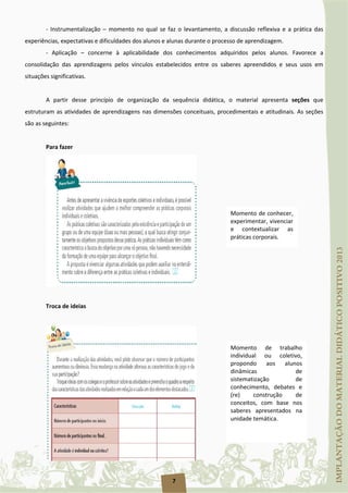 7
- Instrumentalização – momento no qual se faz o levantamento, a discussão reflexiva e a prática das
experiências, expectativas e dificuldades dos alunos e alunas durante o processo de aprendizagem.
- Aplicação – concerne à aplicabilidade dos conhecimentos adquiridos pelos alunos. Favorece a
consolidação das aprendizagens pelos vínculos estabelecidos entre os saberes apreendidos e seus usos em
situações significativas.
A partir desse princípio de organização da sequência didática, o material apresenta seções que
estruturam as atividades de aprendizagens nas dimensões conceituais, procedimentais e atitudinais. As seções
são as seguintes:
Para fazer
Troca de ideias
Momento de conhecer,
experimentar, vivenciar
e contextualizar as
práticas corporais.
Momento de trabalho
individual ou coletivo,
propondo aos alunos
dinâmicas de
sistematização de
conhecimento, debates e
(re) construção de
conceitos, com base nos
saberes apresentados na
unidade temática.
 