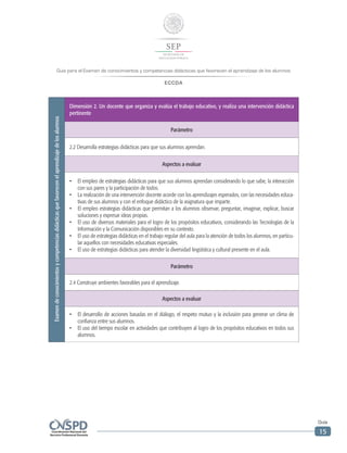 Guía para el Examen de conocimientos y competencias didácticas que favorecen el aprendizaje de los alumnos
ECCDA
Guía
15
Examendeconocimientosycompetenciasdidácticasquefavorecenelaprendizajedelosalumnos
Dimensión 2. Un docente que organiza y evalúa el trabajo educativo, y realiza una intervención didáctica
pertinente
Parámetro
2.2 Desarrolla estrategias didácticas para que sus alumnos aprendan.
Aspectos a evaluar
•	 El empleo de estrategias didácticas para que sus alumnos aprendan considerando lo que sabe, la interacción
con sus pares y la participación de todos.
•	 La realización de una intervención docente acorde con los aprendizajes esperados, con las necesidades educa-
tivas de sus alumnos y con el enfoque didáctico de la asignatura que imparte.
•	 El empleo estrategias didácticas que permitan a los alumnos observar, preguntar, imaginar, explicar, buscar
soluciones y expresar ideas propias.
•	 El uso de diversos materiales para el logro de los propósitos educativos, considerando las Tecnologías de la
Información y la Comunicación disponibles en su contexto.
•	 El uso de estrategias didácticas en el trabajo regular del aula para la atención de todos los alumnos, en particu-
lar aquellos con necesidades educativas especiales.
•	 El uso de estrategias didácticas para atender la diversidad lingüística y cultural presente en el aula.
Parámetro
2.4 Construye ambientes favorables para el aprendizaje.
Aspectos a evaluar
•	 El desarrollo de acciones basadas en el diálogo, el respeto mutuo y la inclusión para generar un clima de
confianza entre sus alumnos.
•	 El uso del tiempo escolar en actividades que contribuyen al logro de los propósitos educativos en todos sus
alumnos.
 