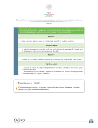 Guía para el Examen de conocimientos y competencias didácticas que favorecen el aprendizaje de los alumnos
ECCDA
Guía
19
Dimensión 5. Un docente que participa en el funcionamiento eficaz de la escuela y fomenta su vínculo con
la comunidad para asegurar que todos los alumnos concluyan con éxito su escolaridad
Parámetro
5.1 Realiza acciones en la gestión escolar para contribuir a la calidad de los resultados educativos.
Aspectos a evaluar
•	 La realización acciones con la comunidad escolar para atender las áreas de oportunidad de la escuela con el
fin de alcanzar sus metas en el marco de la autonomía de gestión.
Parámetro
5.3 Considera  las características culturales y lingüísticas de la comunidad en el trabajo del aula y de la escuela.
Aspectos a evaluar
•	 La realización de acciones de gestión escolar para fortalecer la identidad cultural de los alumnos con apego a
los propósitos educativos.
•	 La identificación de los rasgos culturales y lingüísticos de la comunidad para desarrollar acciones que favorez-
can los aprendizajes en la asignatura que imparte.
ü	 Pregunta para la reflexión
¿Cómo debo prepararme para mi examen considerando los aspectos por evaluar correspon-
dientes a la Etapa 3. Examen de conocimientos?
 