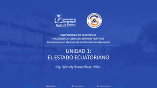 UNIDAD 1:
EL ESTADO ECUATORIANO
Ing. Wendy Bravo Ross, MSc.
UNIVERSIDAD DE GUAYAQUIL
FACULTAD DE CIENCIAS ADMINISTRATIVAS
Licenciatura en Gestión de la Información Gerencial
 