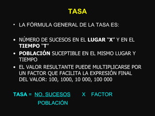 TASA LA FÓRMULA GENERAL DE LA TASA ES: NÚMERO DE SUCESOS EN EL  LUGAR  “ X ” Y EN EL  TIEMPO  “ T ” POBLACIÓN  SUCEPTIBLE EN EL MISMO LUGAR Y TIEMPO EL VALOR RESULTANTE PUEDE MULTIPLICARSE POR UN FACTOR QUE FACILITA LA EXPRESIÓN FINAL DEL VALOR: 100, 1000, 10 000, 100 000 TASA  =  NO. SUCESOS   X  FACTOR POBLACIÓN   