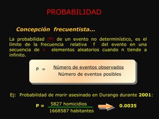 Concepción  frecuentista... La probabilidad  (P)   de un evento no determinístico, es el límite de la frecuencia  relativa  f  del evento en una secuencia de   n  elementos aleatorios cuando n tiende a infinito. Ej:  Probabilidad de morir asesinado en Durango durante  200 1 : P = 5827 homicidios 1668587 habitantes 0.0035 PROBABILIDAD Número de eventos observados P  = Número de eventos posibles 