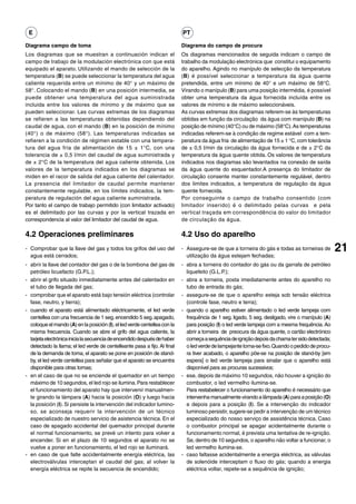 E                                                                         PT

Diagrama campo de toma                                                     Diagrama do campo de procura
Los diagramas que se muestran a continuación indican el                    Os diagramas mencionados de seguida indicam o campo de
campo de trabajo de la modulación electrónica con que está                 trabalho da modulação electrónica que constitui o equipamento
equipado el aparato. Utilizando el mando de selección de la                do aparelho. Agindo no manípulo de selecção da temperatura
temperatura (B) se puede seleccionar la temperatura del agua               (B) é possível seleccionar a temperatura da água quente
caliente requerida entre un mínimo de 40° y un máximo de                   pretendida, entre um mínimo de 40° e um máximo de 58°C.
58°. Colocando el mando (B) en una posición intermedia, se                 Virando o manípulo (B) para uma posição intermédia, é possível
puede obtener una temperatura del agua suministrada                        obter uma temperatura da água fornecida incluída entre os
incluida entre los valores de mínimo y de máximo que se                    valores de mínimo e de máximo seleccionáveis.
pueden seleccionar. Las curvas extremas de los diagramas                   As curvas extremas dos diagramas referem-se às temperaturas
se refieren a las temperaturas obtenidas dependiendo del                   obtidas em função da circulação da água com manípulo (B) na
caudal de agua, con el mando (B) en la posición de mínimo                  posição de mínimo (40°C) ou de máximo (58°C). As temperaturas
(40°) o de máximo (58°). Las temperaturas indicadas se                     indicadas referem-se à condição de regime estável com a tem-
refieren a la condición de régimen estable con una tempera-                peratura da água fria de alimentação de 15 ± 1 °C, com tolerância
tura del agua fría de alimentación de 15 ± 1°C, con una                    de ± 0,5 l/min da circulação da água fornecida e de ± 2°C da
tolerancia de ± 0,5 l/min del caudal de agua suministrada y                temperatura da água quente obtida. Os valores de temperatura
de ± 2°C de la temperatura del agua caliente obtenida. Los                 indicados nos diagramas são levantados na conexão de saída
valores de la temperatura indicados en los diagramas se                    da água quente do esquentador.A presença do limitador de
miden en el racor de salida del agua caliente del calentador.              circulação consente manter constantemente regulável, dentro
La presencia del limitador de caudal permite mantener                      dos limites indicados, a temperatura de regulação da água
constantemente regulable, en los límites indicados, la tem-                quente fornecida.
peratura de regulación del agua caliente suministrada.                     Por conseguinte o campo de trabalho consentido (com
Por tanto el campo de trabajo permitido (con limitador activado)           limitador inserido) é o delimitado pelas curvas e pela
es el delimitado por las curvas y por la vertical trazada en               vertical traçada em correspondência do valor do limitador
correspondencia al valor del limitador del caudal de agua.                 de circulação da água.

4.2 Operaciones preliminares                                               4.2 Uso do aparelho
- Comprobar que la llave del gas y todos los grifos del uso del            - Assegure-se de que a torneira do gás e todas as torneiras de         21
  agua está cerrados;                                                        utilização da água estejam fechadas;
- abrir la llave del contador del gas o de la bombona del gas de           - abra a torneira do contador do gás ou da garrafa de petróleo
  petróleo licuefacto (G.P.L.);                                              liquefeito (G.L.P.);
- abrir el grifo situado inmediatamente antes del calentador en            - abra a torneira, posta imediatamente antes do aparelho no
  el tubo de llegada del gas;                                                tubo de entrada do gás;
- comprobar que el aparato está bajo tensión eléctrica (controlar          - assegure-se de que o aparelho esteja sob tensão eléctrica
  fase, neutro, y tierra);                                                   (controle fase, neutro e terra);
- cuando el aparato está alimentado eléctricamente, el led verde           - quando o aparelho estiver alimentado o led verde lampeja com
  centellea con una frecuencia de 1 seg. encendido 5 seg. apagado,           frequência de 1 seg. ligado, 5 seg. desligado, vire o manípulo (A)
  coloque el mando (A) en la posición (I), el led verde centellea con la     para posição (I) o led verde lampeja com a mesma frequência. Ao
  misma frecuencia. Cuando se abre el grifo del agua caliente, la            abrir a torneira de preocura da água quente, o cartão electrónico
  tarjeta electrónica inicia la secuencia de encendido después de haber      começa a sequência de ignição depois da chama ter sido detectada;
  detectado la llama; el led verde de centelleante pasa a fijo. Al final     o led verde de lampejante torna-se fixo. Quando o pedido de procu-
  de la demanda de toma, el aparato se pone en posición de stand-            ra tiver acabado, o aparelho põe-se na posição de stand-by [em
  by, el led verde centellea para señalar que el aparato se encuentra        espera] o led verde lampeja para sinalar que o aparelho está
  disponible para otras tomas;                                               disponível para as procuras sucessivos;
- en el caso de que no se enciende el quemador en un tiempo                - ese, depois de máximo 10 segundos, não houver a ignição do
  máximo de 10 segundos, el led rojo se ilumina. Para restablecer            combustor, o led vermelho ilumina-se.
  el funcionamiento del aparato hay que intervenir manualmen-                Para restabelecer o funcionamento do aparelho é necessário que
  te girando la lámpara (A) hacia la posición (O) y luego hacia              intervenha manualmente virando a lâmpada (A) para a posição (O)
  la posición (I). Si persiste la intervención del indicador lumino-         e depois para a posição (I). Se a intervenção do indicador
  so, se aconseja requerir la intervención de un técnico                     luminoso persistir, sugere-se pedir a intervenção de um técnico
  especializado de nuestro servicio de asistencia técnica. En el             especializado do nosso serviço de assistência técnica. Caso
  caso de apagado accidental del quemador principal durante                  o combustor principal se apagar acidentalmente durante o
  el normal funcionamiento, se prevé un intento para volver a                funcionamento normal, é prevista uma tentativa de re-ignição.
  encender. Si en el plazo de 10 segundos el aparato no se                   Se, dentro de 10 segundos, o aparelho não voltar a funcionar, o
  vuelve a poner en funcionamiento, el led rojo se iluminará.                led vermelho ilumina-se.
- en caso de que falte accidentalmente energía eléctrica, las              - caso faltasse acidentalmente a energia eléctrica, as válvulas
  electroválvulas interceptan el caudal del gas; al volver la                de solenóide interceptam o fluxo do gás; quando a energia
  energía eléctrica se repite la secuencia de encendido;                     eléctrica voltar, repete-se a sequência de ignição;
 