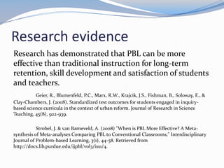 Research evidence
Research has demonstrated that PBL can be more
effective than traditional instruction for long-term
retention, skill development and satisfaction of students
and teachers.
          Geier, R., Blumenfeld, P.C., Marx, R.W., Krajcik, J.S., Fishman, B., Soloway, E., &
Clay-Chambers, J. (2008). Standardized test outcomes for students engaged in inquiry-
based science curricula in the context of urban reform. Journal of Research in Science
Teaching, 45(8), 922-939.

           Strobel, J. & van Barneveld, A. (2008) "When is PBL More Effective? A Meta-
synthesis of Meta-analyses Comparing PBL to Conventional Classrooms," Interdisciplinary
Journal of Problem-based Learning, 3(1), 44-58. Retrieved from
http://docs.lib.purdue.edu/ijpbl/vol3/iss1/4.
 