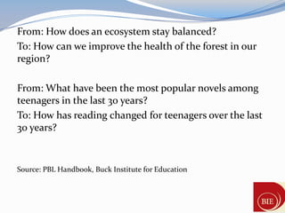 From: How does an ecosystem stay balanced?
To: How can we improve the health of the forest in our
region?

From: What have been the most popular novels among
teenagers in the last 30 years?
To: How has reading changed for teenagers over the last
30 years?


Source: PBL Handbook, Buck Institute for Education
 