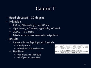 Caloric T
– Head elevated – 30 degree
– Irrigation
• 250 ml, 60 cms high, over 60 sec
• right warm, left warm, right cold, left cold
• COWS – 2-3 mins
• 10 mins - between successive irrigations
– Results
• Jonkees, Maas & philipzoon Formula
– Canal paresis
– Directional preponderance
• Significant
– UW of greater than 20%
– DP of greater than 25%
32
 