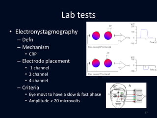 Lab tests
• Electronystagmography
– Defn
– Mechanism
• CRP
– Electrode placement
• 1 channel
• 2 channel
• 4 channel
– Criteria
• Eye movt to have a slow & fast phase
• Amplitude > 20 microvolts
37
 