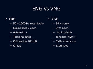 ENG Vs VNG
• ENG
– 50 – 1000 Hz recordable
– Eyes closed / open
– Artefacts +
– Torsional Nyst -
– Calibration difficult
– Cheap
• VNG
– 60 Hz only
– Eyes open
– No Artefacts
– Torsional Nyst +
– Calibration easy
– Expensive
41
 