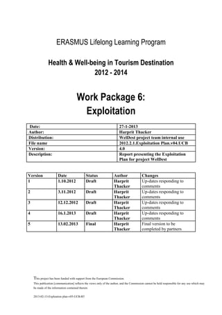 ERASMUS Lifelong Learning Program
Health & Well-being in Tourism Destination
2012 - 2014

Work Package 6:
Exploitation
Date:
Author:
Distribution:
File name
Version:
Description:

27-1-2013
Harprit Thacker
WelDest project team internal use
2012.2.1.Exploitation Plan.v04.UCB
4.0
Report presenting the Exploitation
Plan for project WelDest

Version
1

Date
1.10.2012

Status
Draft

2

3.11.2012

Draft

3

12.12.2012

Draft

4

16.1.2013

Draft

5

13.02.2013

Final

Author
Harprit
Thacker
Harprit
Thacker
Harprit
Thacker
Harprit
Thacker
Harprit
Thacker

Changes
Up-dates responding to
comments
Up-dates responding to
comments
Up-dates responding to
comments
Up-dates responding to
comments
Final version to be
completed by partners

This project has been funded with support from the European Commission.
This publication [communication] reflects the views only of the author, and the Commission cannot be held responsible for any use which may
be made of the information contained therein
2013-02-13-Exploation plan-v05-UCB-R5

 