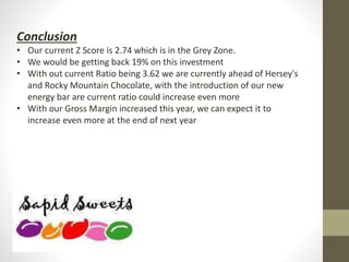 Conclusion
• Our current Z Score is 2.74 which is in the Grey Zone.
• We would be getting back 19% on this investment
• With out current Ratio being 3.62 we are currently ahead of Hersey's
and Rocky Mountain Chocolate, with the introduction of our new
energy bar are current ratio could increase even more
• With our Gross Margin increased this year, we can expect it to
increase even more at the end of next year
 
