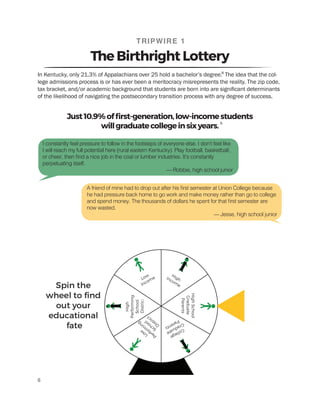 The Birthright Lottery
TRIPWIRE 1
Just10.9%ofﬁrst-generation,low-incomestudents
willgraduatecollegeinsixyears.
I constantly feel pressure to follow in the footsteps of everyone else. I don’t feel like
I will reach my full potential here (rural eastern Kentucky). Play football, basketball,
or cheer, then find a nice job in the coal or lumber industries. It’s constantly
perpetuating itself.
— Robbie, high school junior
A friend of mine had to drop out after his first semester at Union College because
he had pressure back home to go work and make money rather than go to college
and spend money. The thousands of dollars he spent for that first semester are
now wasted.
— Jesse, high school junior
In Kentucky, only 21.3% of Appalachians over 25 hold a bachelor’s degree. The idea that the col-
lege admissions process is or has ever been a meritocracy misrepresents the reality. The zip code,
tax bracket, and/or academic background that students are born into are significant determinants
of the likelihood of navigating the postsecondary transition process with any degree of success.
8
9
6
 
