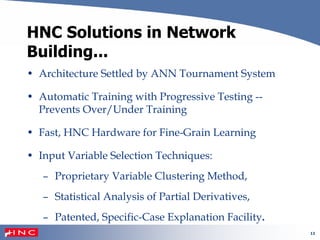 12
HNC Solutions in Network
Building...
• Architecture Settled by ANN Tournament System
• Automatic Training with Progressive Testing --
Prevents Over/Under Training
• Fast, HNC Hardware for Fine-Grain Learning
• Input Variable Selection Techniques:
– Proprietary Variable Clustering Method,
– Statistical Analysis of Partial Derivatives,
– Patented, Specific-Case Explanation Facility.
 