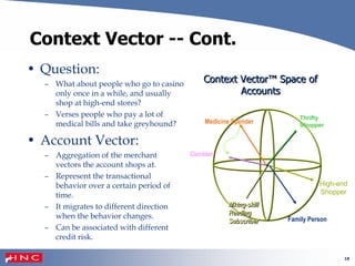 18
Context Vector -- Cont.
• Question:
– What about people who go to casino
only once in a while, and usually
shop at high-end stores?
– Verses people who pay a lot of
medical bills and take greyhound?
• Account Vector:
– Aggregation of the merchant
vectors the account shops at.
– Represent the transactional
behavior over a certain period of
time.
– It migrates to different direction
when the behavior changes.
– Can be associated with different
credit risk.
Context Vector™ Space of
Accounts
Context Vector™ Space of
Accounts
Mktng-skill
Reading
Subscriber
Mktng-skill
Reading
Subscriber
Gambler
Thrifty
Shopper
High-end
Shopper
Medicine Spender
Family Person
 
