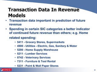 49
Transaction Data In Revenue
Models
• Transaction data important in prediction of future
revenue
• Spending in certain SIC categories a better indicator
of continued future revenue than others; e.g. Home
related spending:
• 5411 - Grocery Stores, Supermarkets
• 4900 - Utilities - Electric, Gas, Sanitary & Water
• 5200 - Home Supply Warehouse
• 5211 - Lumber Services
• 0742 - Veterinary Services
• 7311 - Furniture & Tool Rental
• 5231 - Paint & Wall Paper Stores
 