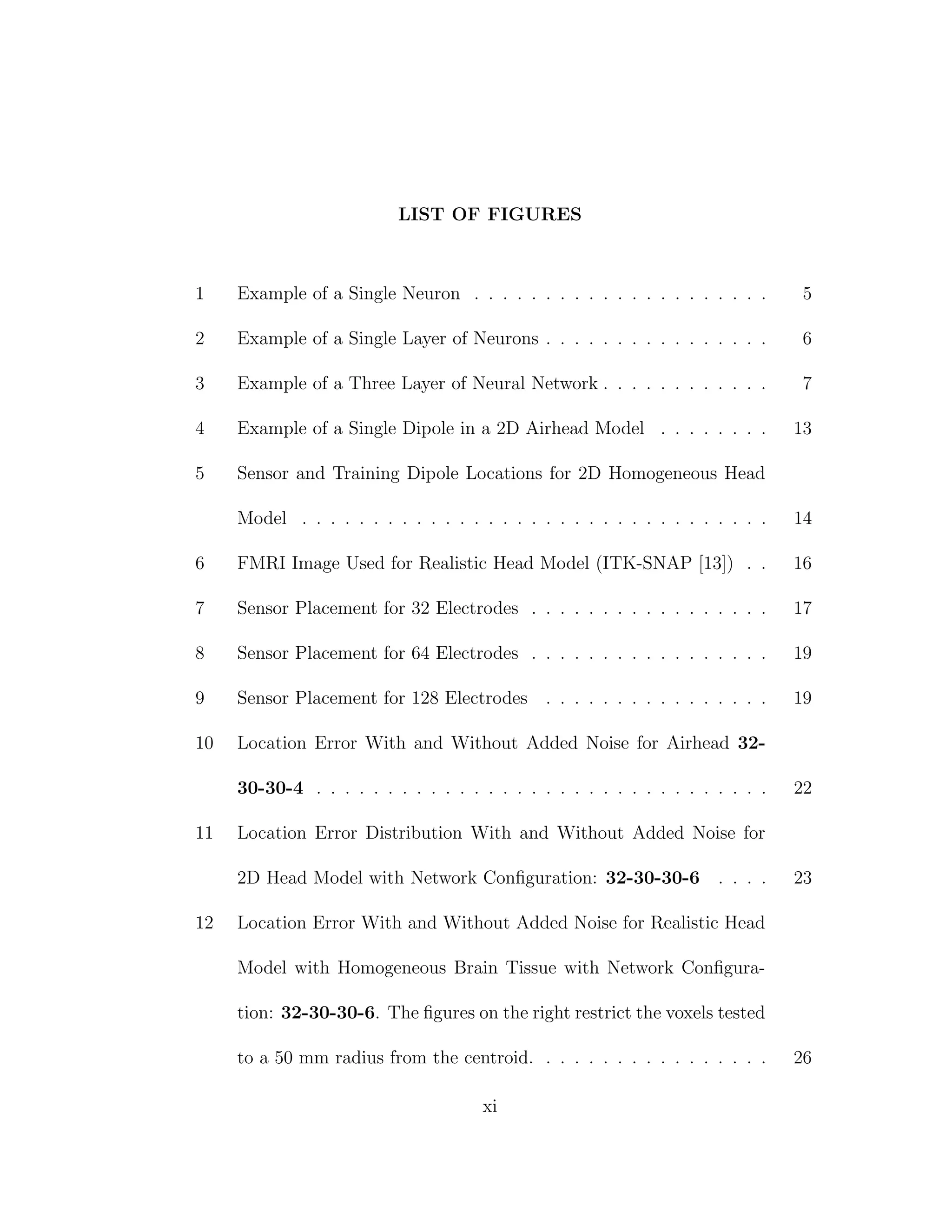 LIST OF FIGURES
1 Example of a Single Neuron . . . . . . . . . . . . . . . . . . . . . 5
2 Example of a Single Layer of Neurons . . . . . . . . . . . . . . . . 6
3 Example of a Three Layer of Neural Network . . . . . . . . . . . . 7
4 Example of a Single Dipole in a 2D Airhead Model . . . . . . . . 13
5 Sensor and Training Dipole Locations for 2D Homogeneous Head
Model . . . . . . . . . . . . . . . . . . . . . . . . . . . . . . . . . 14
6 FMRI Image Used for Realistic Head Model (ITK-SNAP [13]) . . 16
7 Sensor Placement for 32 Electrodes . . . . . . . . . . . . . . . . . 17
8 Sensor Placement for 64 Electrodes . . . . . . . . . . . . . . . . . 19
9 Sensor Placement for 128 Electrodes . . . . . . . . . . . . . . . . 19
10 Location Error With and Without Added Noise for Airhead 32-
30-30-4 . . . . . . . . . . . . . . . . . . . . . . . . . . . . . . . . 22
11 Location Error Distribution With and Without Added Noise for
2D Head Model with Network Conﬁguration: 32-30-30-6 . . . . 23
12 Location Error With and Without Added Noise for Realistic Head
Model with Homogeneous Brain Tissue with Network Conﬁgura-
tion: 32-30-30-6. The ﬁgures on the right restrict the voxels tested
to a 50 mm radius from the centroid. . . . . . . . . . . . . . . . . 26
xi
 