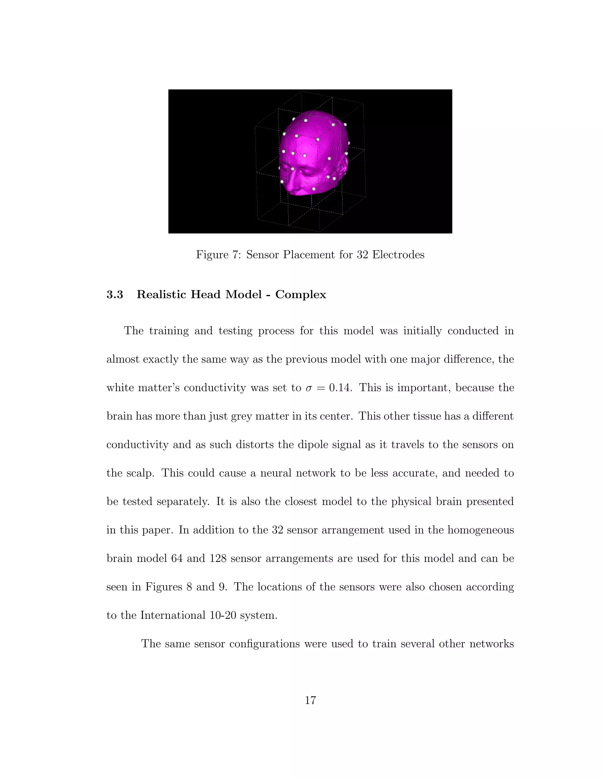 Figure 7: Sensor Placement for 32 Electrodes
3.3 Realistic Head Model - Complex
The training and testing process for this model was initially conducted in
almost exactly the same way as the previous model with one major diﬀerence, the
white matter’s conductivity was set to σ = 0.14. This is important, because the
brain has more than just grey matter in its center. This other tissue has a diﬀerent
conductivity and as such distorts the dipole signal as it travels to the sensors on
the scalp. This could cause a neural network to be less accurate, and needed to
be tested separately. It is also the closest model to the physical brain presented
in this paper. In addition to the 32 sensor arrangement used in the homogeneous
brain model 64 and 128 sensor arrangements are used for this model and can be
seen in Figures 8 and 9. The locations of the sensors were also chosen according
to the International 10-20 system.
The same sensor conﬁgurations were used to train several other networks
17
 