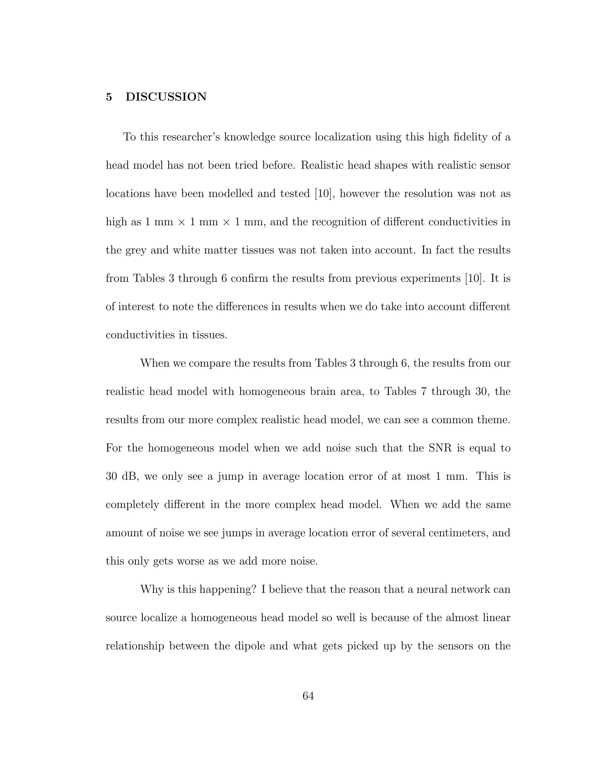 5 DISCUSSION
To this researcher’s knowledge source localization using this high ﬁdelity of a
head model has not been tried before. Realistic head shapes with realistic sensor
locations have been modelled and tested [10], however the resolution was not as
high as 1 mm × 1 mm × 1 mm, and the recognition of diﬀerent conductivities in
the grey and white matter tissues was not taken into account. In fact the results
from Tables 3 through 6 conﬁrm the results from previous experiments [10]. It is
of interest to note the diﬀerences in results when we do take into account diﬀerent
conductivities in tissues.
When we compare the results from Tables 3 through 6, the results from our
realistic head model with homogeneous brain area, to Tables 7 through 30, the
results from our more complex realistic head model, we can see a common theme.
For the homogeneous model when we add noise such that the SNR is equal to
30 dB, we only see a jump in average location error of at most 1 mm. This is
completely diﬀerent in the more complex head model. When we add the same
amount of noise we see jumps in average location error of several centimeters, and
this only gets worse as we add more noise.
Why is this happening? I believe that the reason that a neural network can
source localize a homogeneous head model so well is because of the almost linear
relationship between the dipole and what gets picked up by the sensors on the
64
 