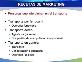  Personas que intervienen en el transporte
 Transporte por ferrocarril
 Operador ferroviario
 Transporte aéreo
 Agente carga aérea
 Compañías de manipulación aeroportuaria
 Transporte en general.
 Transitario
 Consolidador o grupajista
 Operador logistico
RECETAS DE MARKETING
 