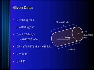 Given Data:
• µ = 0.8 kg/m·s
• ρ = 888 kg/m3
• Q = 2.67 dm3/s
= 0.00267 m3/s
• ∆P = (745-97) kPa = 648 kPa
• L = 40 m
• θ=15°
L = 40 m
Q= 0.00267
m3/s
∆P = 648 kPa
θ=15°
7
 